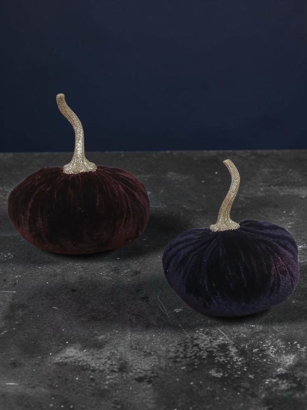 Source Unknown Velvet Pumpkins in Plum and Navy with Gold Stems